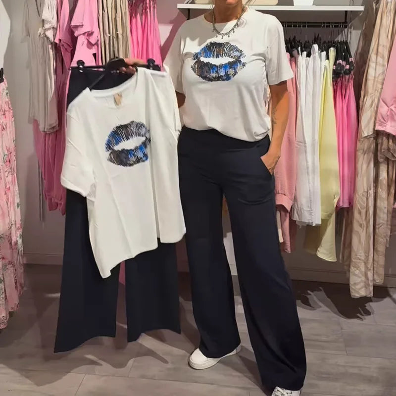 Lynnia - Set Compus Din Bluză și Pantaloni Cu Imprimeu