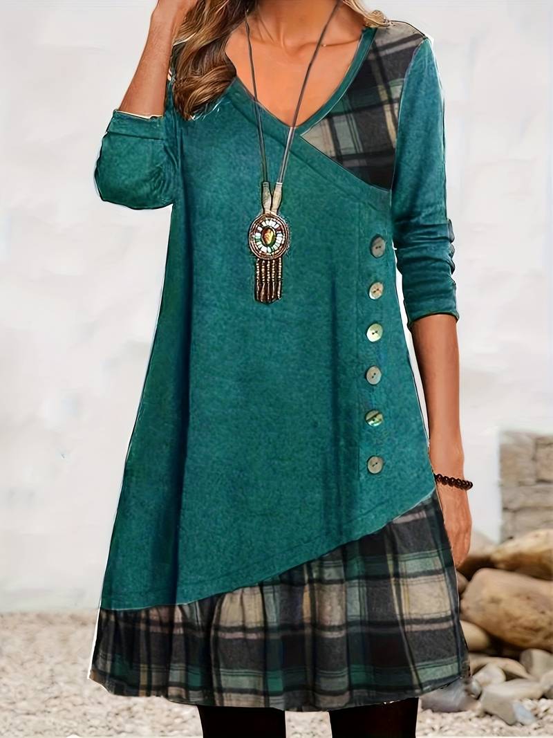 Alinor - Rochie Casual cu Mâneci Lungi în Carouri și Patchwork