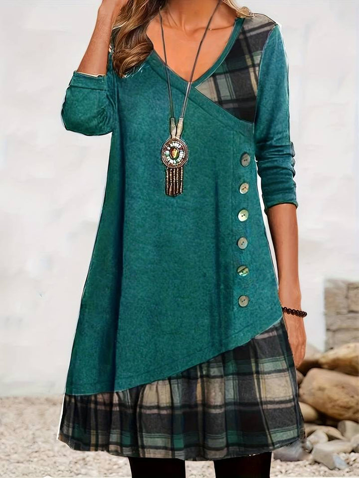 Alinor - Rochie Casual cu Mâneci Lungi în Carouri și Patchwork