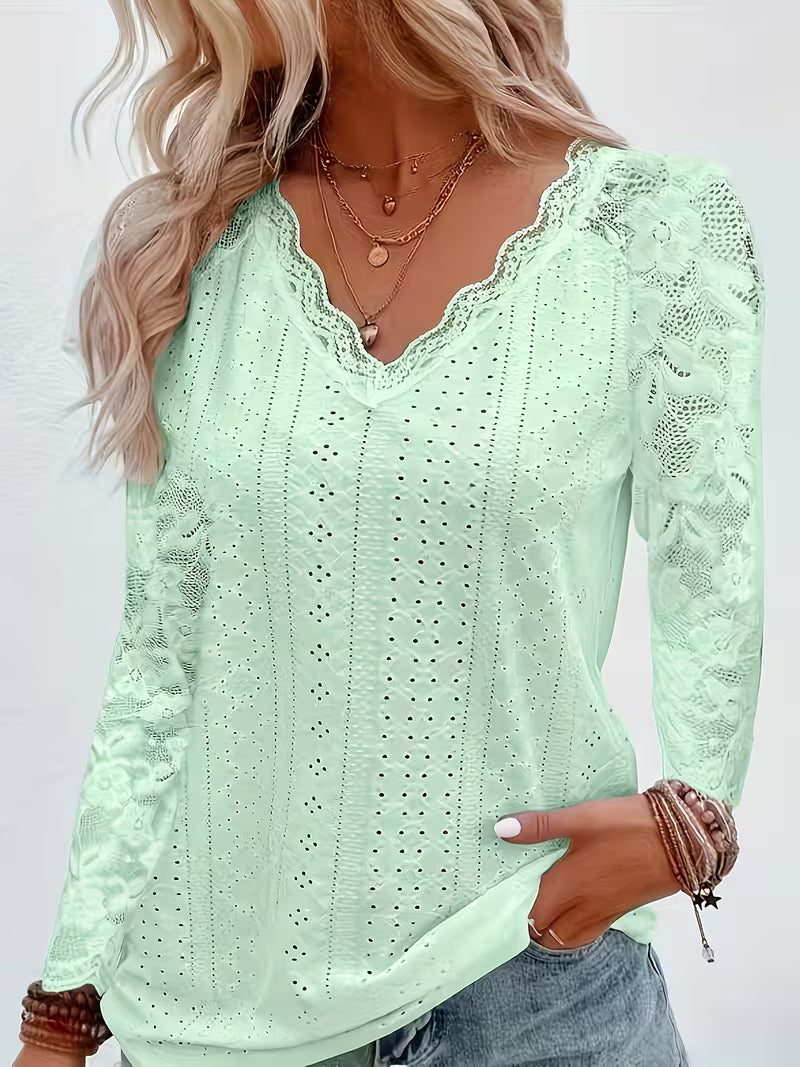 Shaleva - Cămașă Elegantă cu Mâneci Lungi și Decolteu în V Din Dantelă