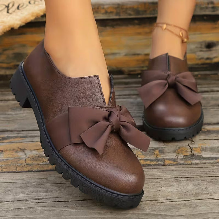 Nargiza - Mocasini Eleganți Cu Vârf Rotund Talpă Groasă Și Fundă Decorativă