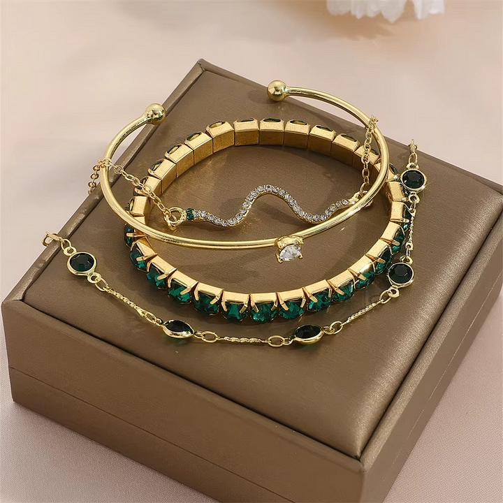 Miray - Set de 4 Brățări cu Cristal Smarald și Aur