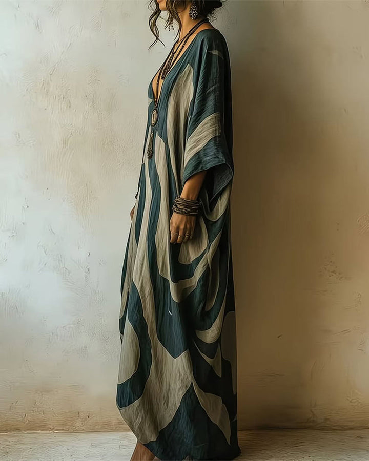 Valarien - Rochie Maxi Lejeră Cu Decolteu În V Și Model Abstract