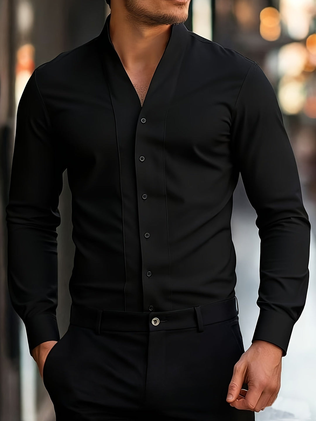 Almasbek - Cămașă Cu Mâneci Lungi Croială Slim Fit Și Decolteu În V