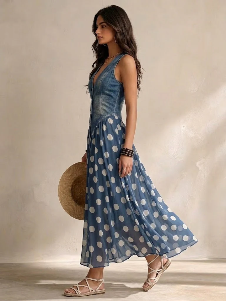Vylina – Rochie din denim cu fustă din șifon cu buline