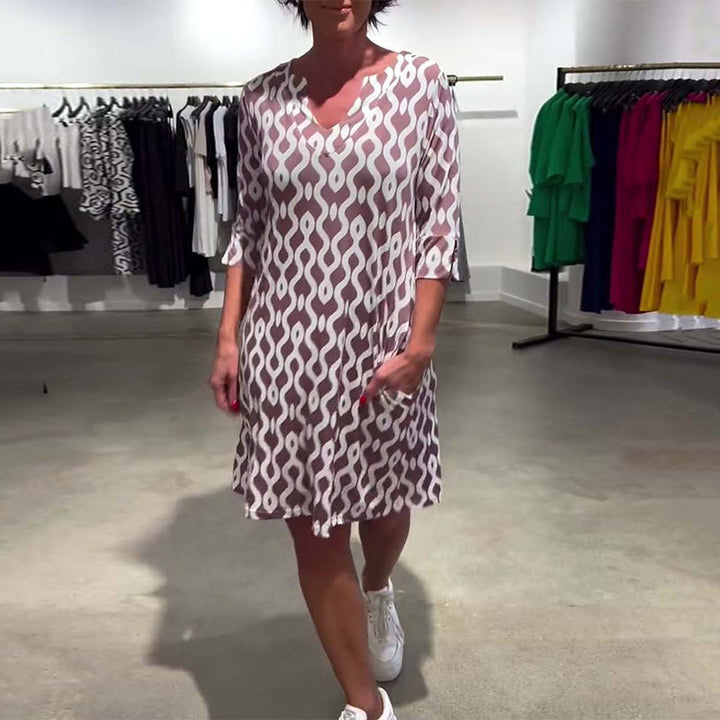 Jacqueline - Rochie imprimată, lungime medie, guler înalt