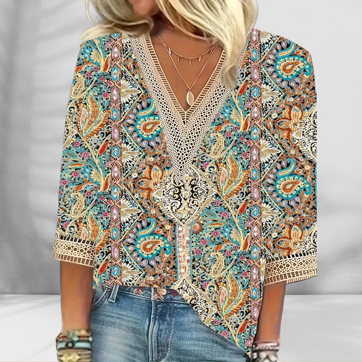 Maricela - Bluză Boho Cu Imprimeu Floral Și Mâneci Lungi
