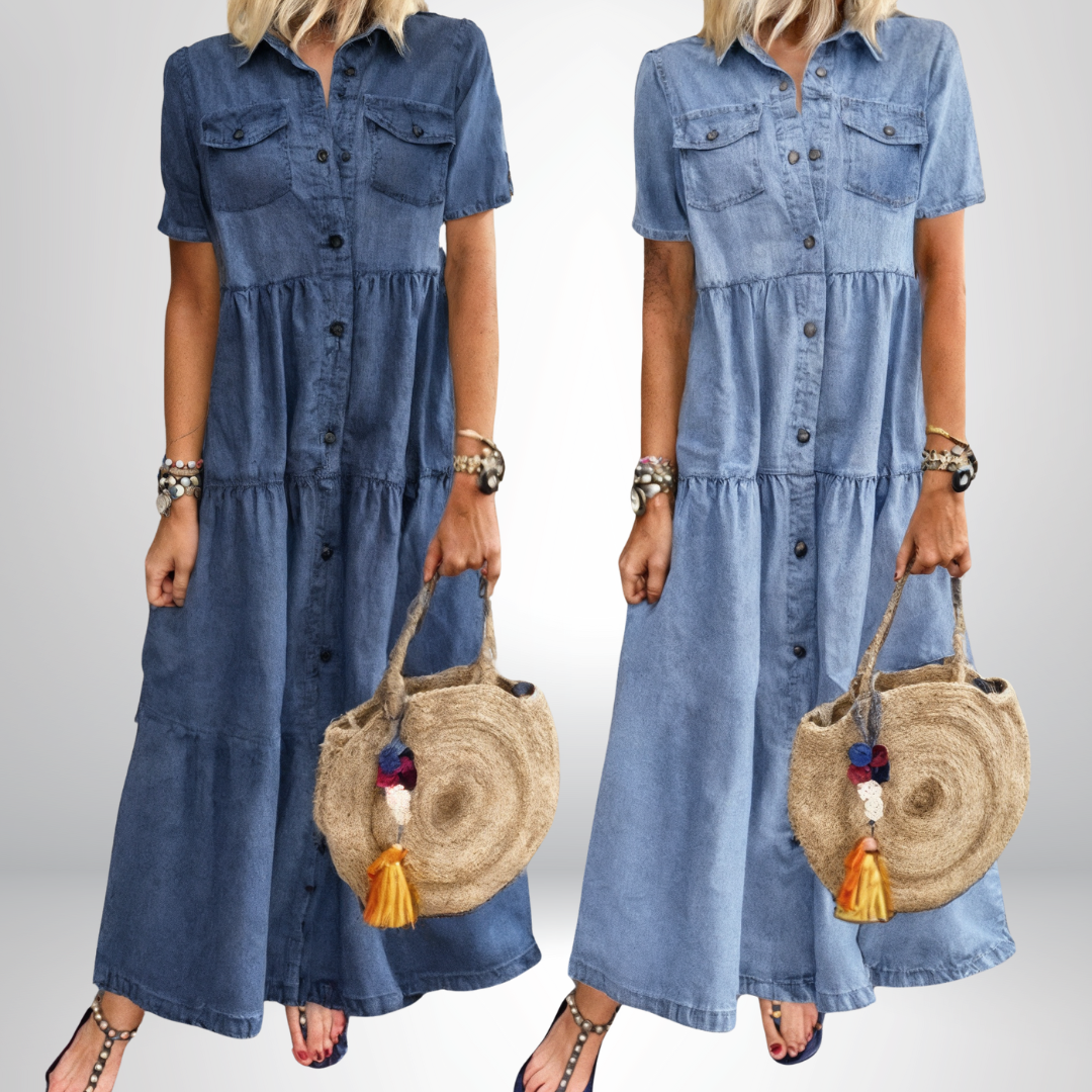 Leokadia - Rochie Din Denim Moale cu Nasturi