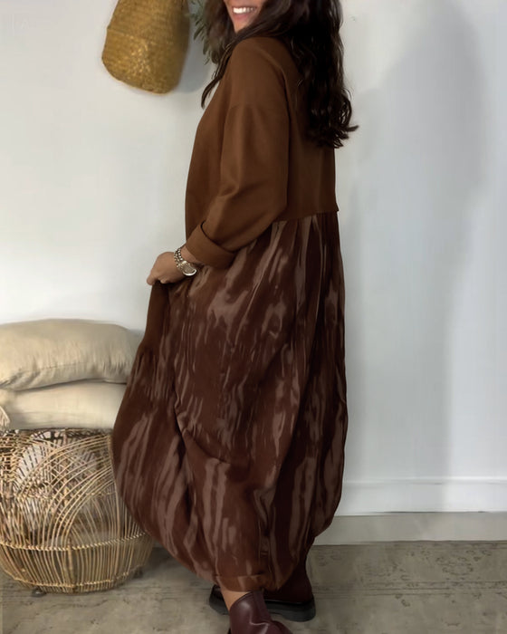 Dragica - Rochie Cu Guler Rotund și Imprimeu Patchwork Neregulat