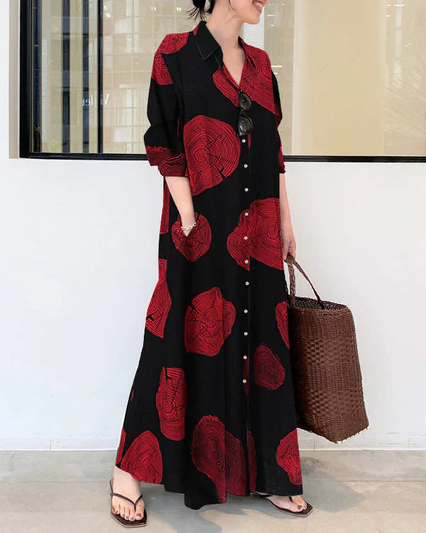 Poleska - Elegant Mânecă Lungă Rochie Maxi Imprimată