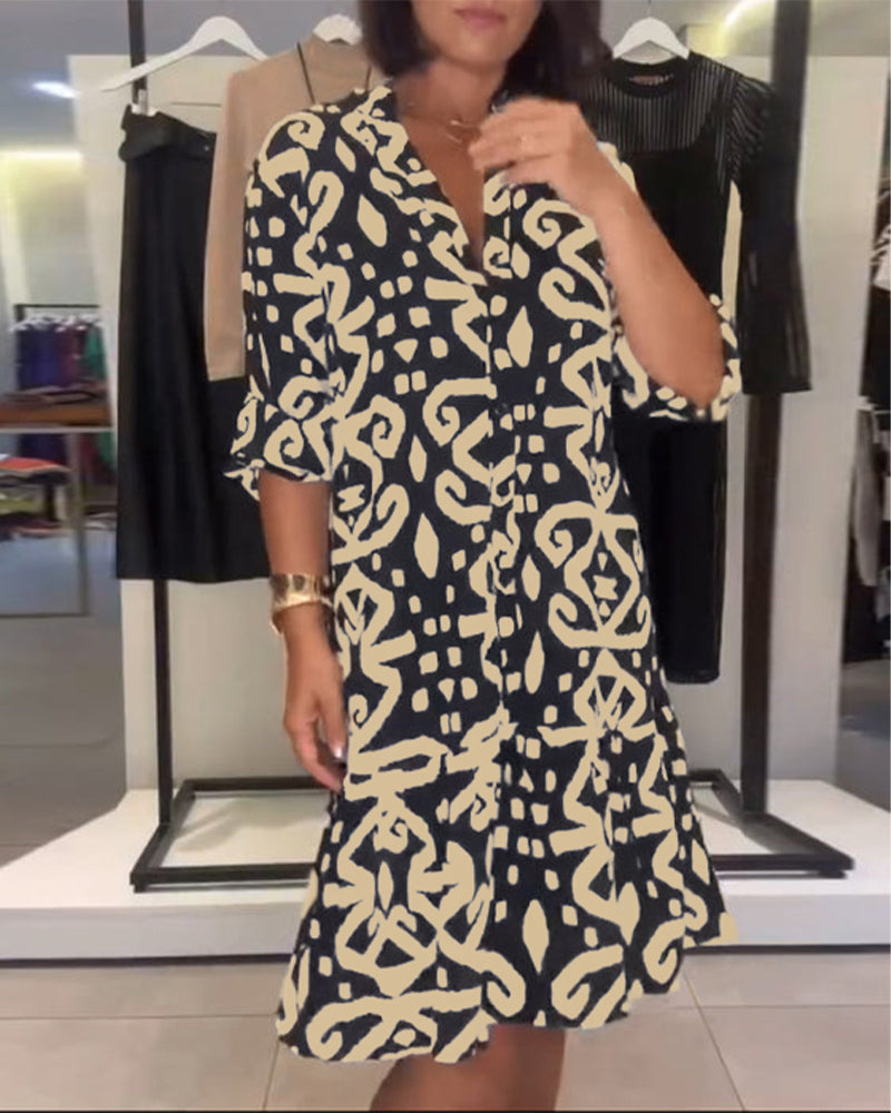 Ejileena – Rochie Elegantă Cu Imprimeu și Decolteu în V