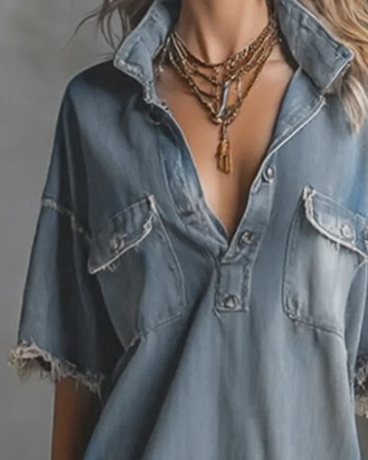 Sinitta - Rochie Casual Din Denim Cu Guler Cu Revere