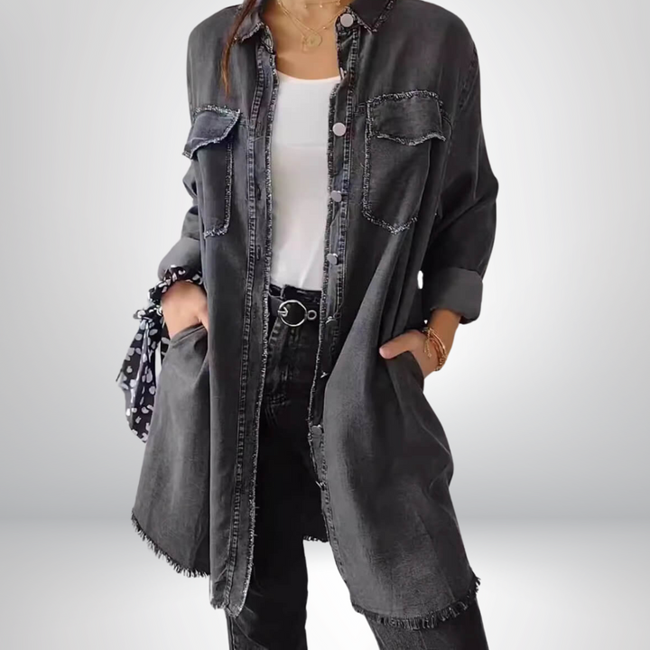 Krystyna - Jacheta Elegantă Din Denim cu Mâneci Lungi și Guler