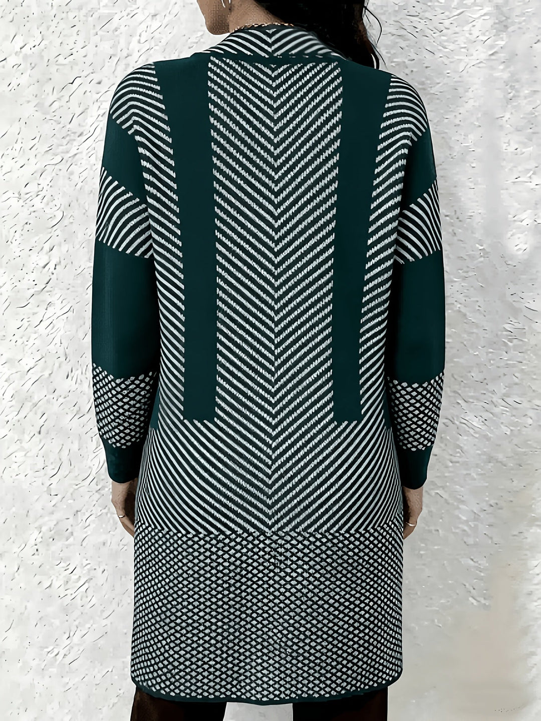 Zhamilya - Longline Geometric Knit Open Front Cardigan
