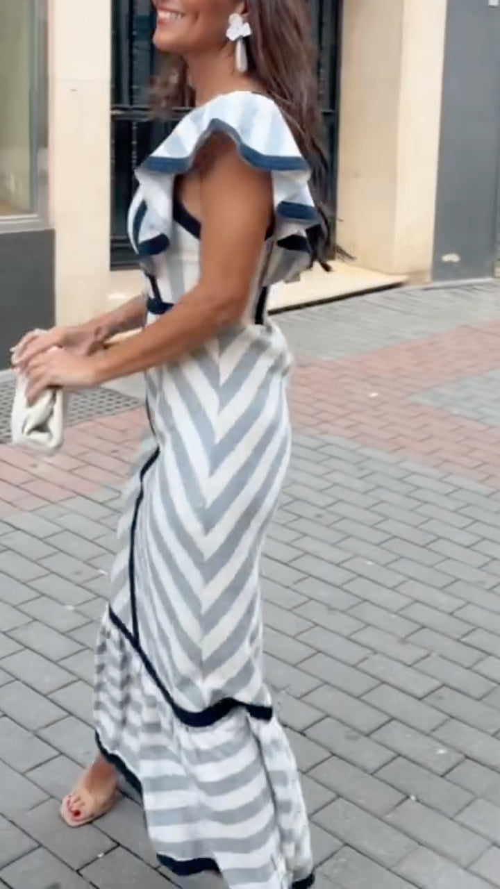 Lileeka - Rochie Lungă Cu Guler Pătrat și Dungi Asortate