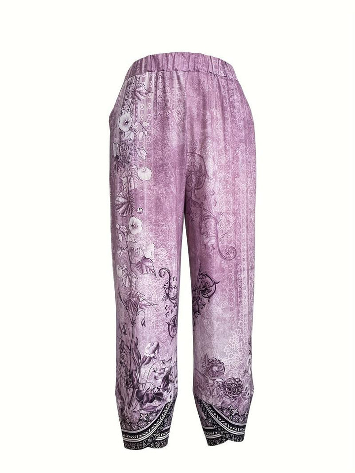 Thimasha - Pantaloni Capri cu Imprimeu Floral Vintage și Talie Elastică