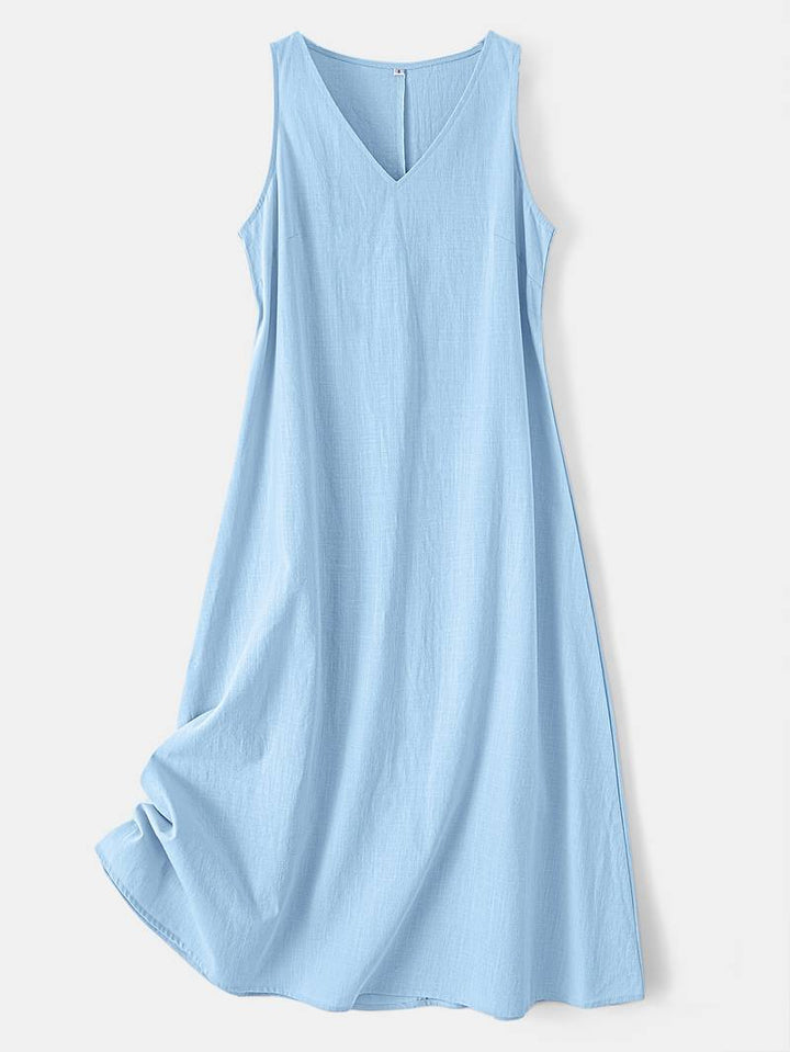 Brina - Rochie Lungă Elegantă, Fără Mâneci, Cu Decolteu În V