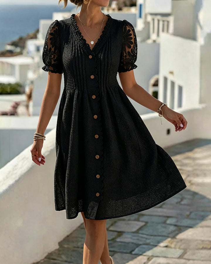 Deneke – Rochie cu Mâneci Balon și Dantelă patchwork