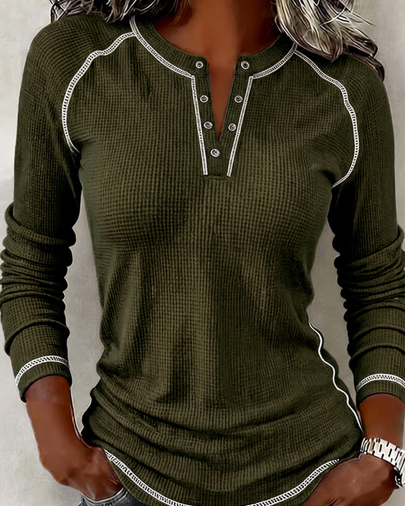 Maisy - Tricou Tip Henley cu Model Waffle și Mâneci Lungi