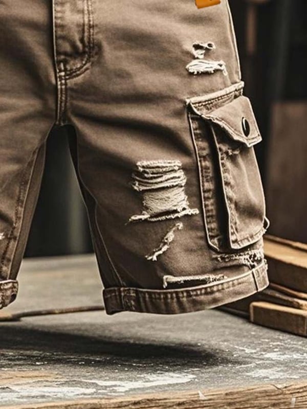 Pantaloni Scurți Din Denim Funcționali Vintage Pentru Bărbați Cu Aspect Rupt