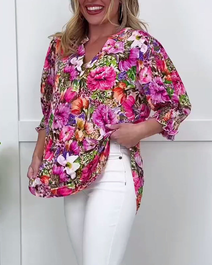 Niliza - Bluză Cu Mâneci Scurte și Imprimeu Floral