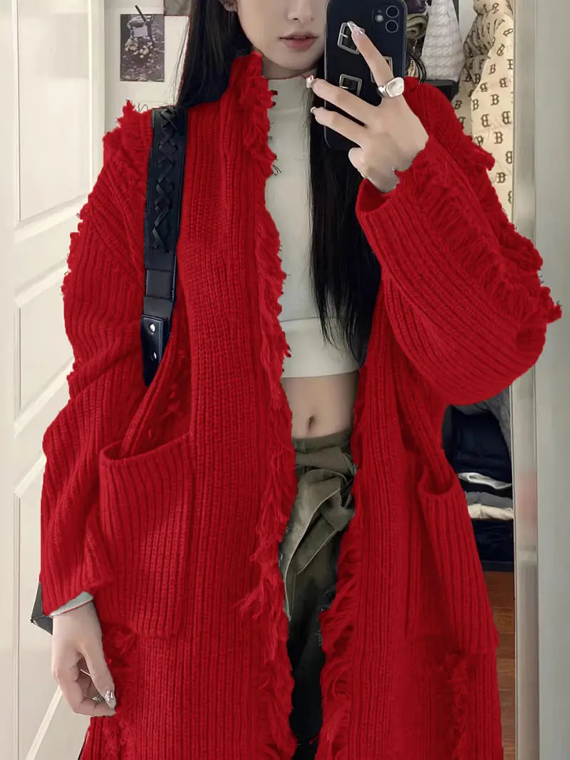 Ramziya - Elegant Lung Ciucure Cardigan Cu Buzunar