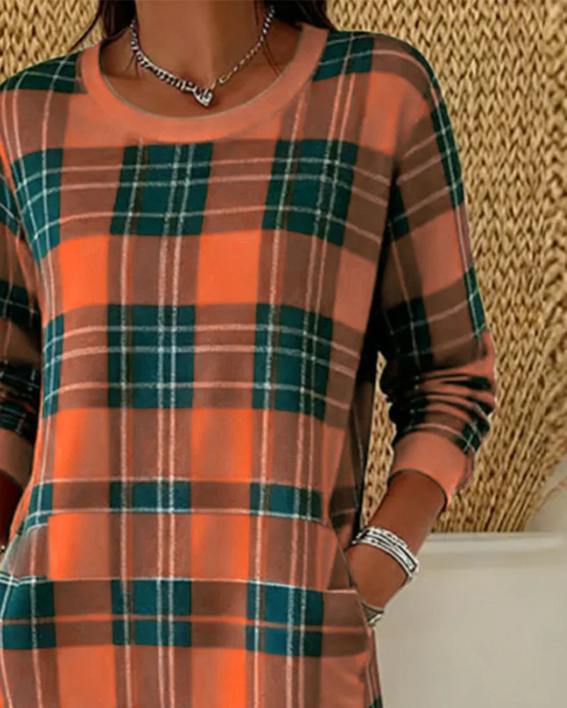 Eleven - Rochie Din Tricou în Carouri Cu Mâneci Lungi