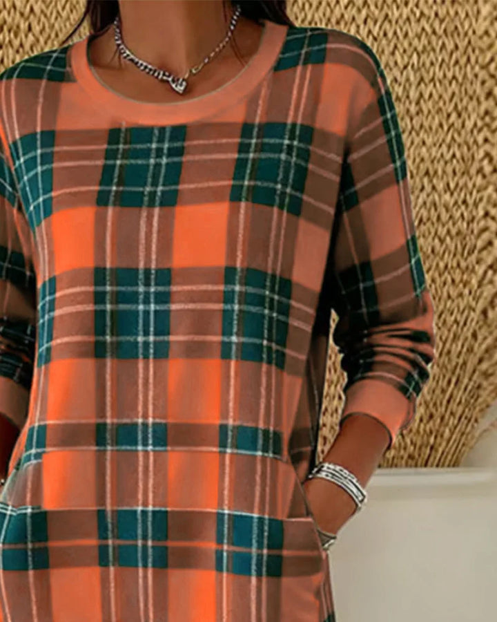 Eleven - Rochie Din Tricou în Carouri Cu Mâneci Lungi