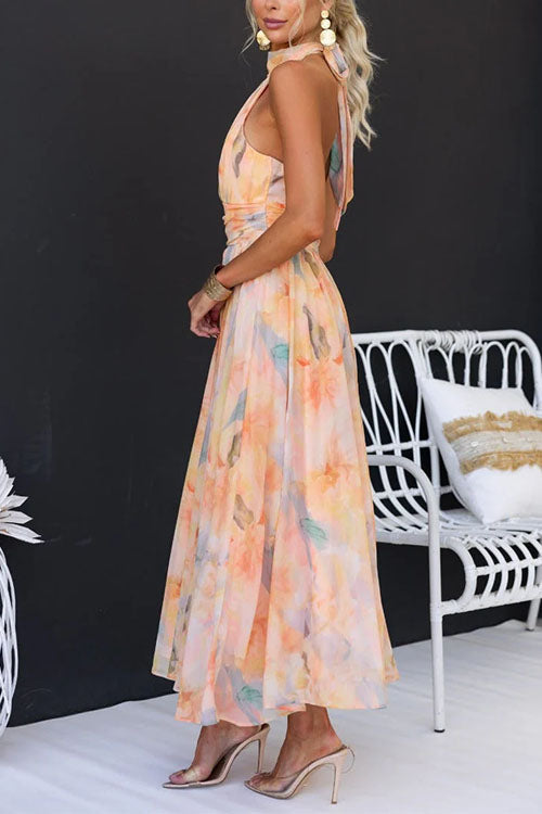 Erlinda - Rochie maxi cu Imprimeu Acuarelă, Decolteu Halter și Spate Decoltat