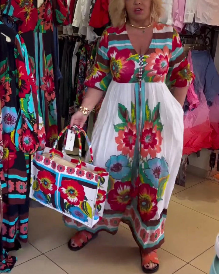 Nerijaa - Rochie Cu Imprimeu Floral și Decolteu Adânc în V
