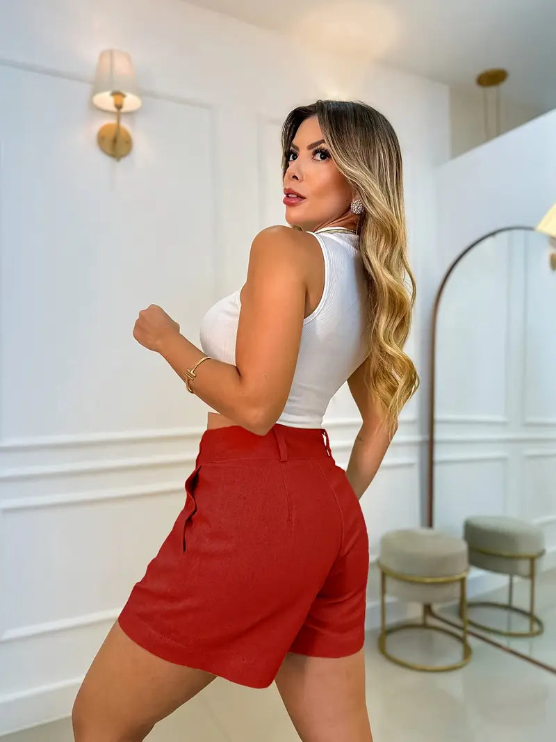 Annora - Pantaloni Scurți Ocazional Cu Talie Inaltă Si Nasturi