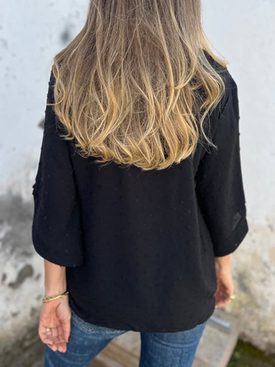 Lyutsiya - Cămașă Cazuală Cu Guler Rotund și Manșete Mari Brodate