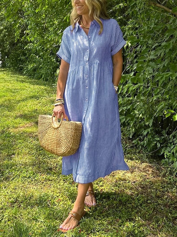 Alory – Rochie Midi Confortabilă Cu Dungi Si Nasturi