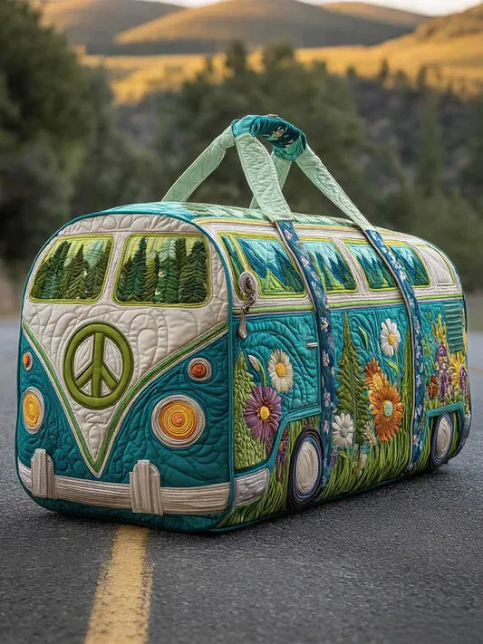 RetroBloom - Geantă de Călătorie Matlasată cu Imprimeu Vintage de Rulotă