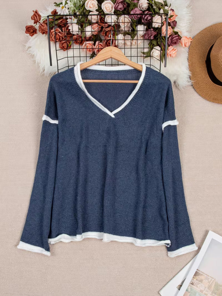 Ginny - Pulover Casual Cu Mâneci Lungi și Decolteu în V