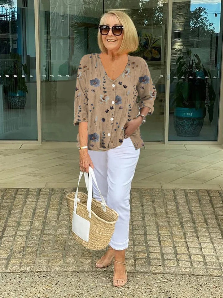 Teresa - Bluză Elegantă Cu Imprimeu Floral și Nasturi