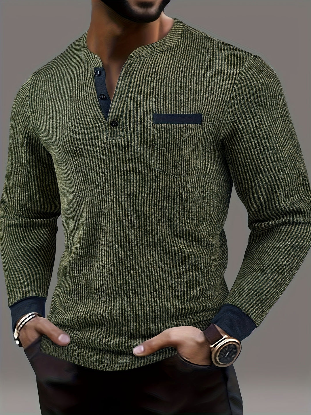 Deegan - Tricou Henley Cu Mâneci Lungi Guler Cu Dungi Și Textură