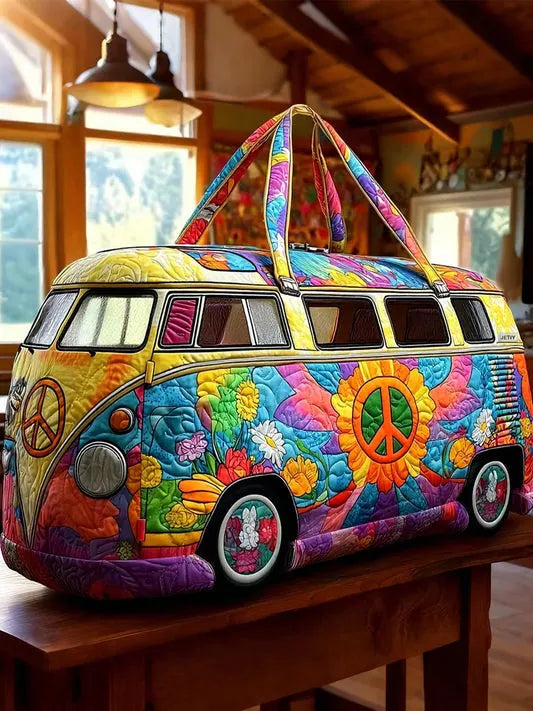 RetroBloom - Geantă de Călătorie Matlasată cu Imprimeu Vintage de Rulotă