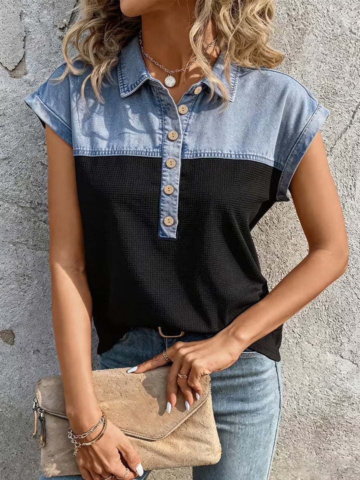 Haily - Bluză Casual Din Denim cu Guler Patchwork și Mâneci scurte