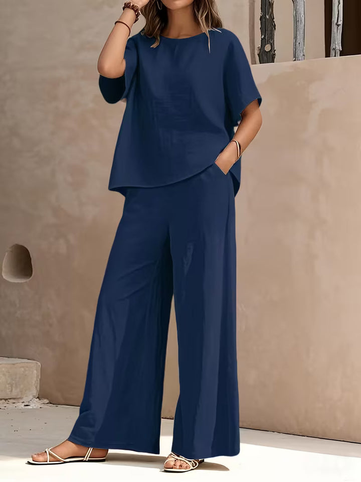 Josy - Set Compus Din Bluză cu Mâneci Scurte și Pantaloni cu Croi Larg