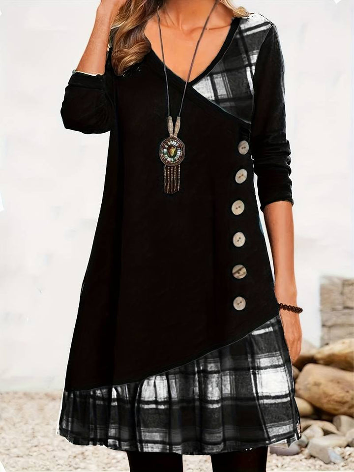 Alinor - Rochie Casual cu Mâneci Lungi în Carouri și Patchwork