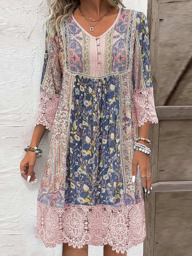 Tegan - Rochie Luxoasă Cu Imprimeu Floare Si Dantelă
