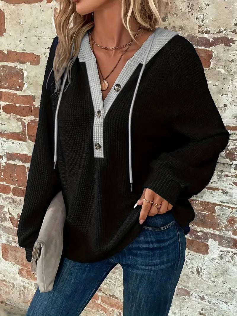 Snezhana - Hanorac Cu Mâneci Lungi Nasturi în Față și Glugă Cu șnur