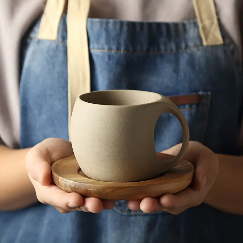 ClayHaven - Cană De Cafea Din Ceramică Cu Farfurie Din Lemn