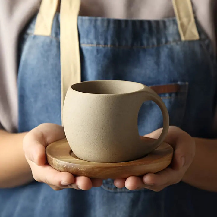 ClayHaven - Cană De Cafea Din Ceramică Cu Farfurie Din Lemn