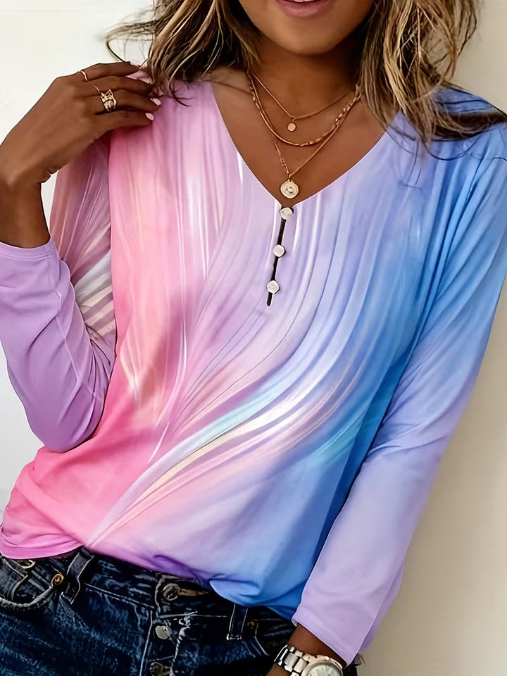 Filona – Bluză cu decolteu în V, vopsită în stil tie-dye, cu efect de degrade
