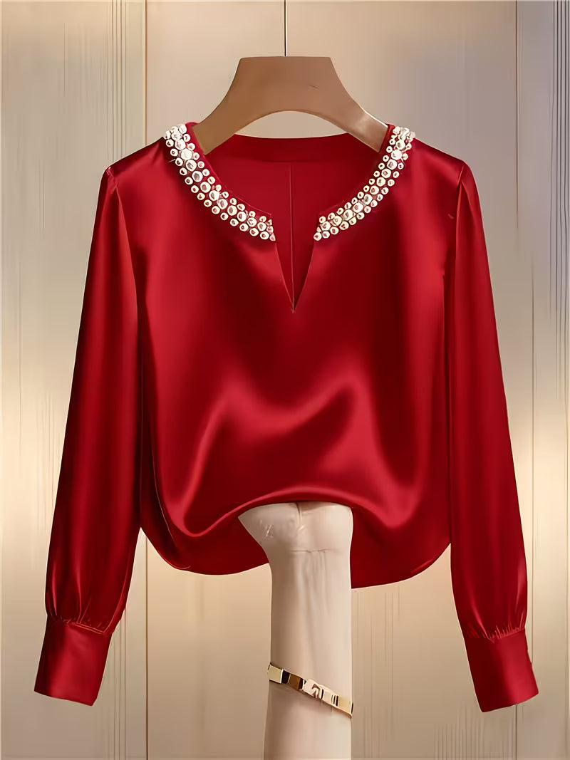 Avinaya - Cămașă Elegantă cu Mâneci Lungi și Guler Rotund cu Perle