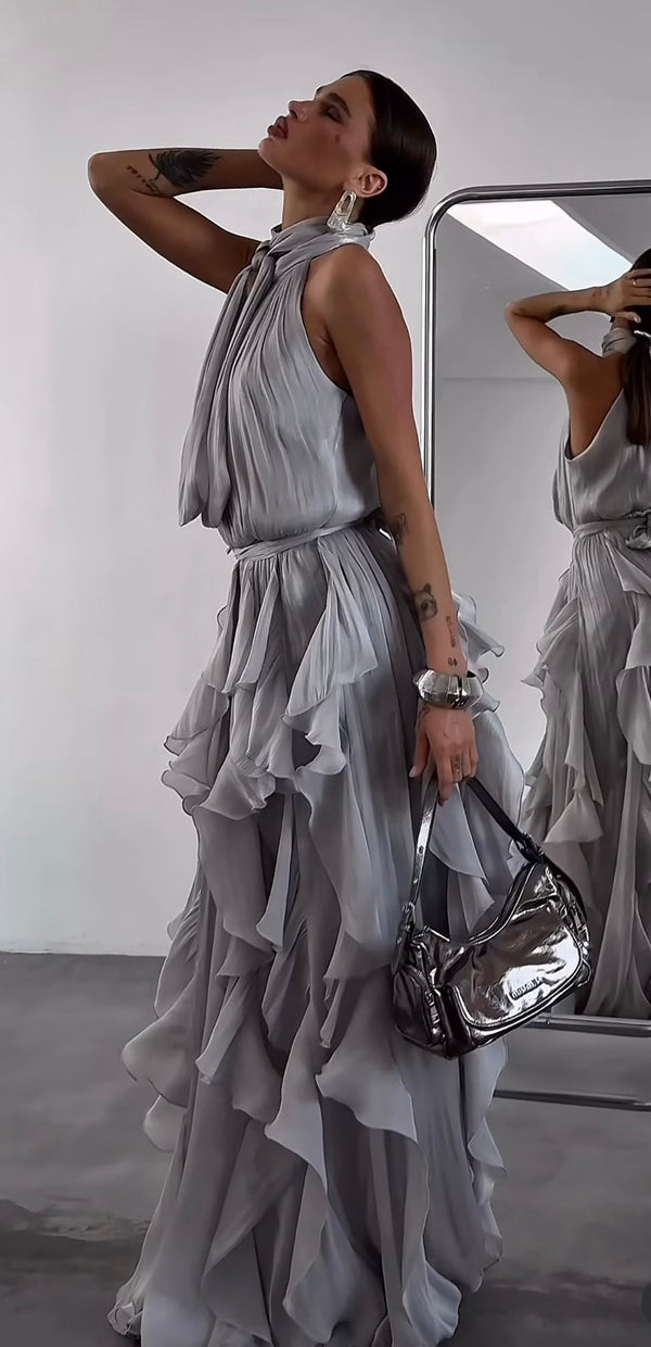 Nataly - Rochie Lungă Cu Volane În Cascadă