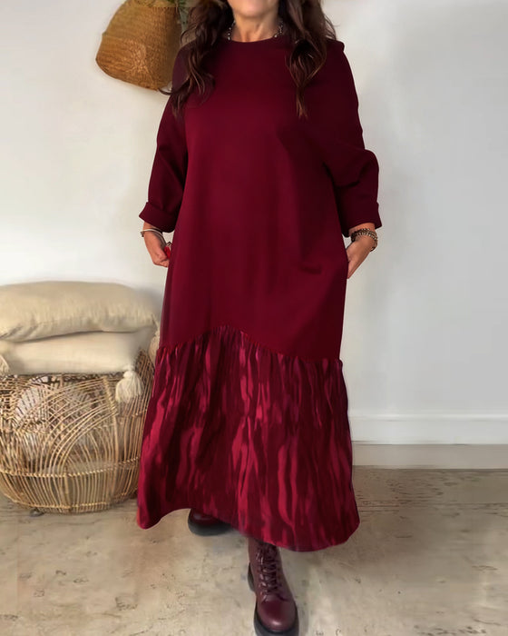 Dragica - Rochie Cu Guler Rotund și Imprimeu Patchwork Neregulat