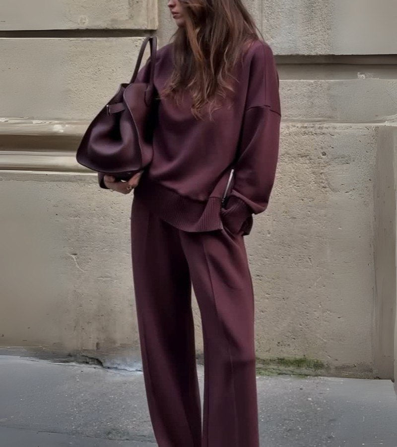Blandine - Set Din Două Piese Tricotate Pulover Cu Guler înalt și Pantaloni Largi